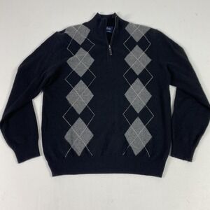 Allen Solly Sweater Mens Medium Black 1/4 Zip Mock Neck Argyle 100% Cashmere